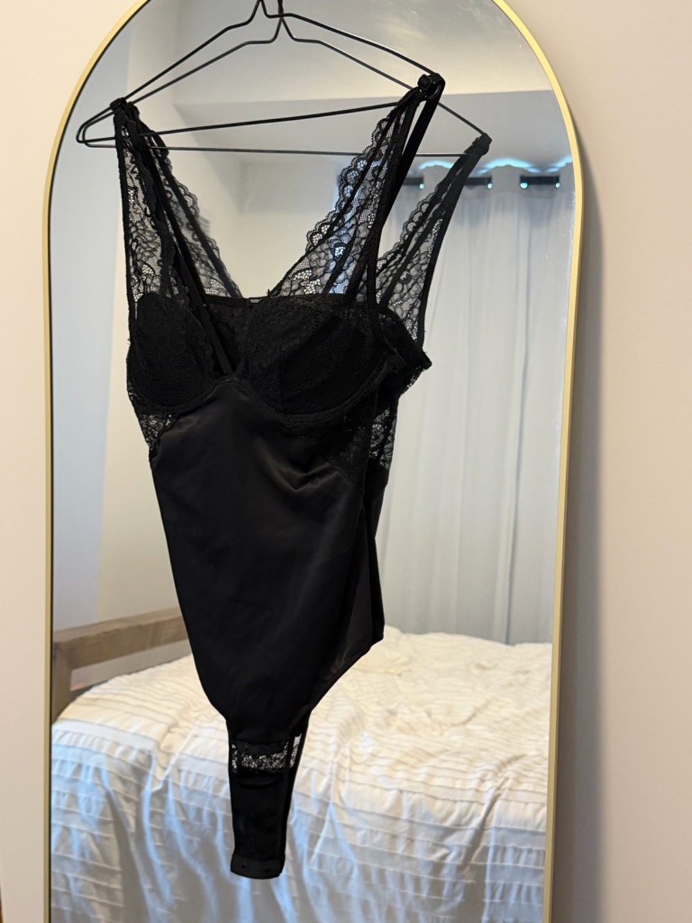 Black Lace-Trim Satin Bodysuit